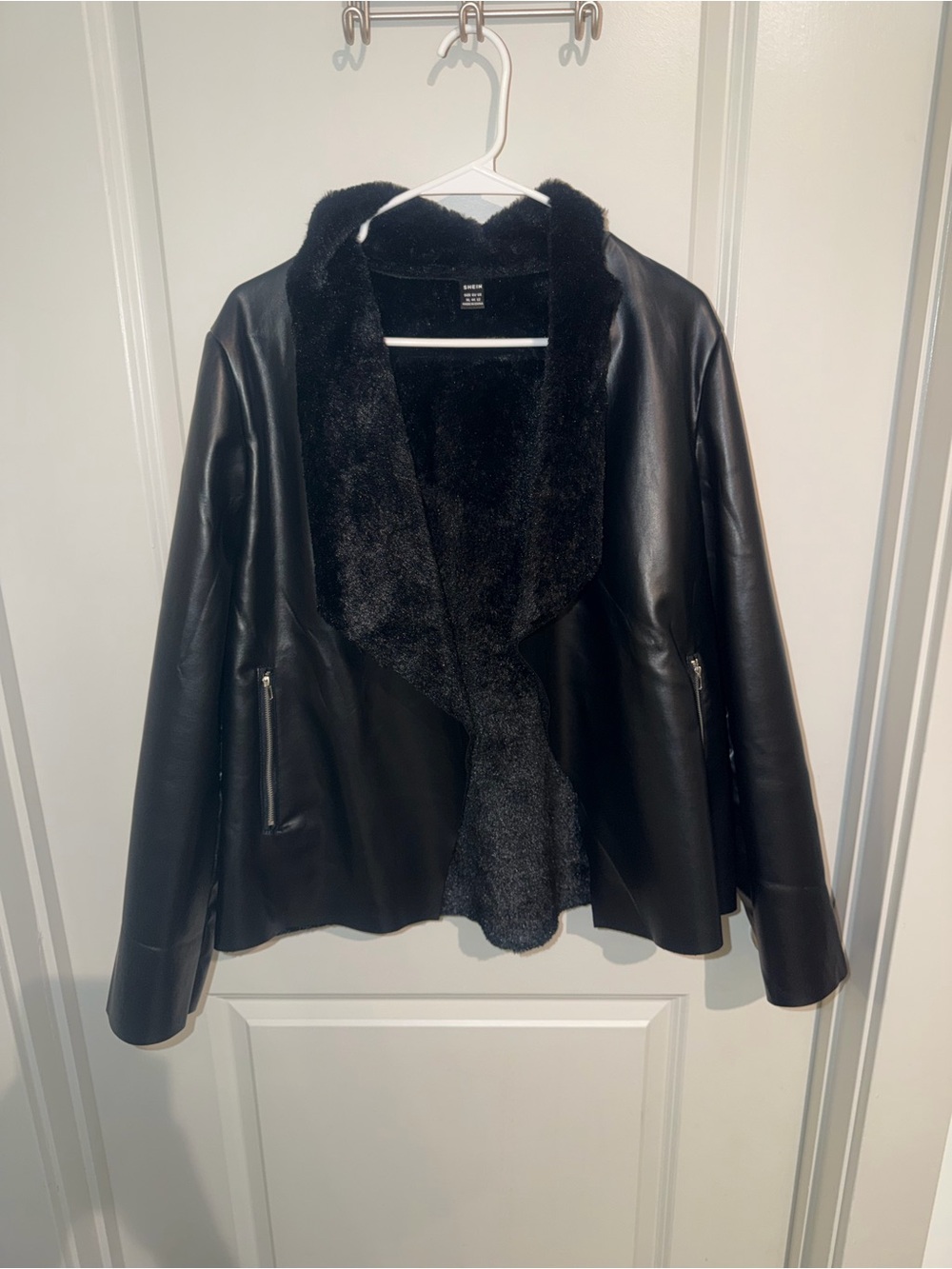 SHEIN Black Faux Leather Jacket with Plush Lined Collar